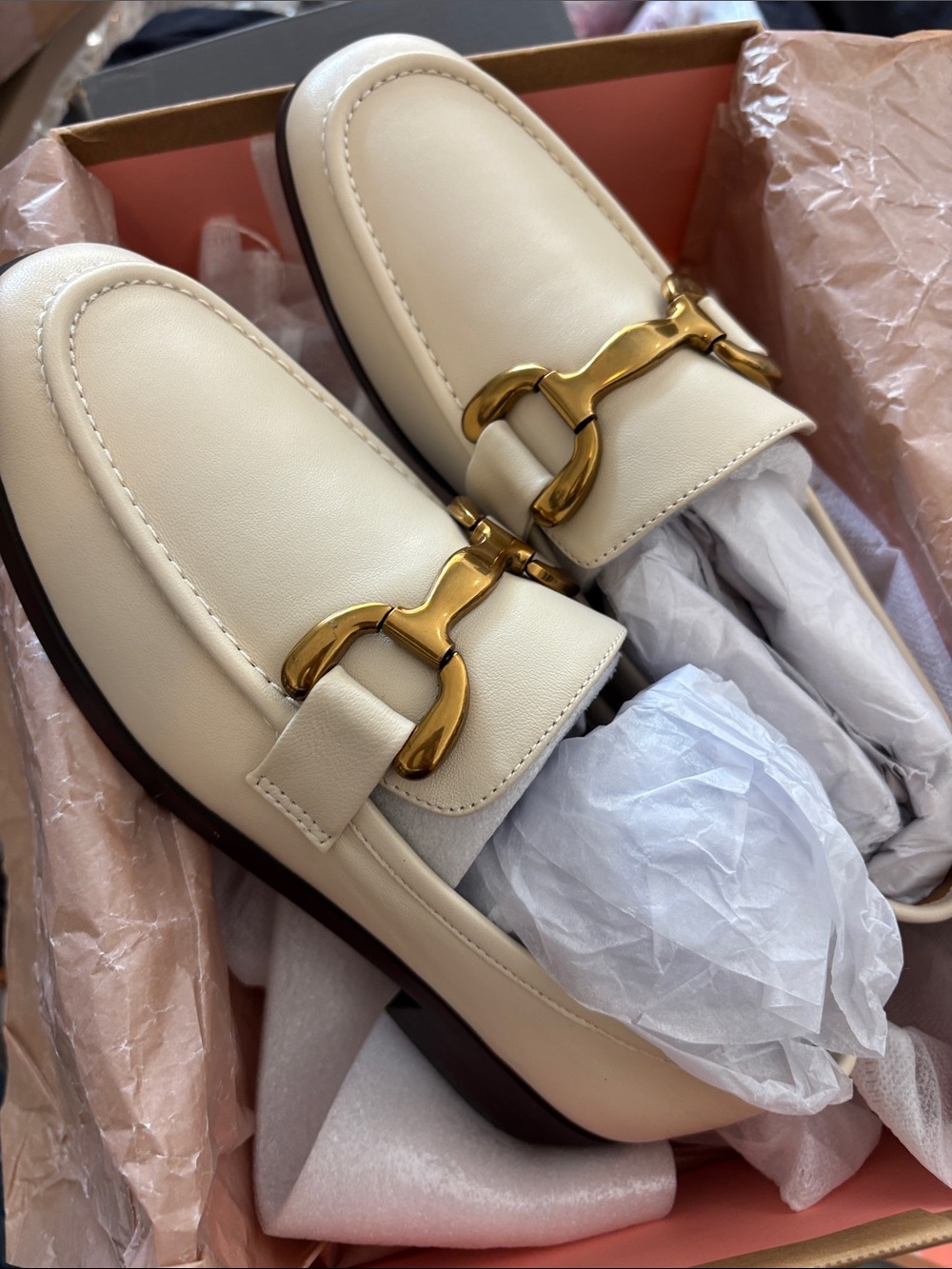 Anthropologie Cream Leather Horsebit Loafers with Gold Hardware